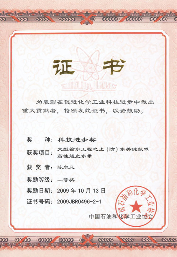 2009中石化協(xié)會(huì)：科技進(jìn)步二等獎(jiǎng)-止水帶